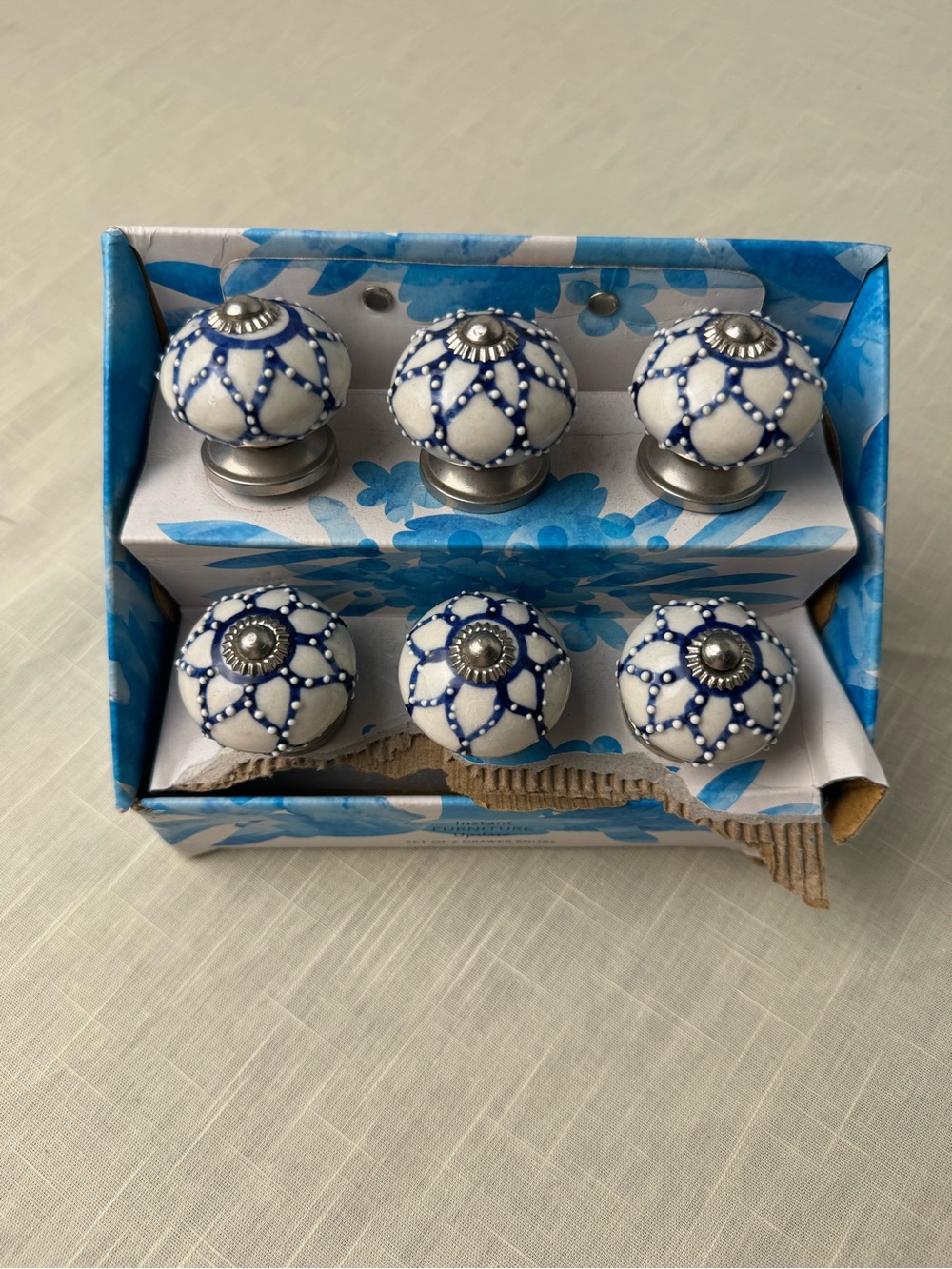6 Knobs Set Drawer Cabinet Blue White Silver metal Ceramic NEW